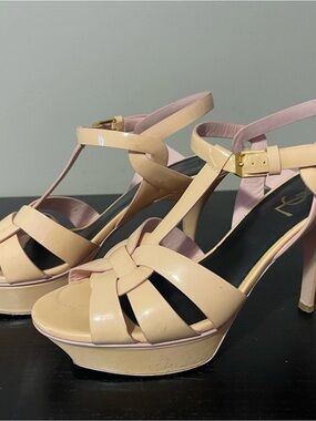 Yves Saint Laurent Nude Patent Platform T-Strap Heels